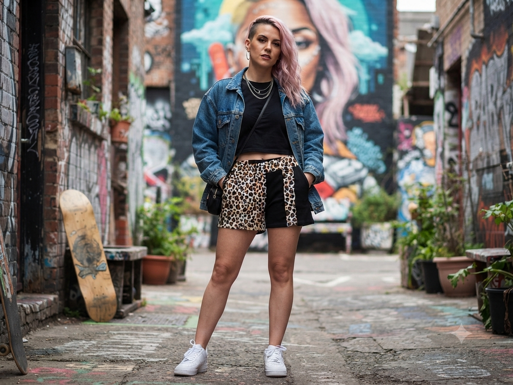Short Jane - vue de face, style streetwear en ruelle urbaine