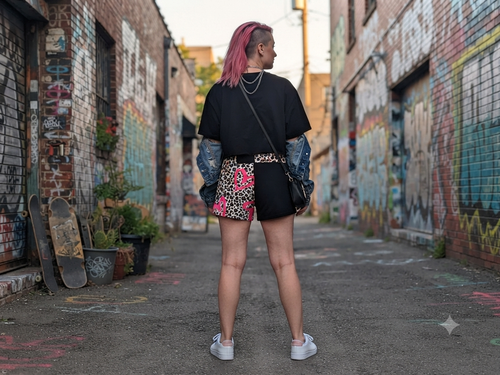 Short Jane - porté de dos en ruelle, look streetwear