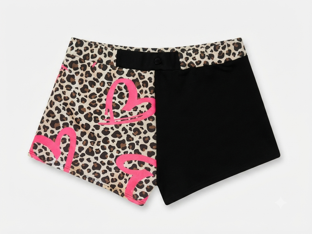 Short Jane - vue de dos sur fond blanc, léopard avec cœurs roses graphiques et tissu noir