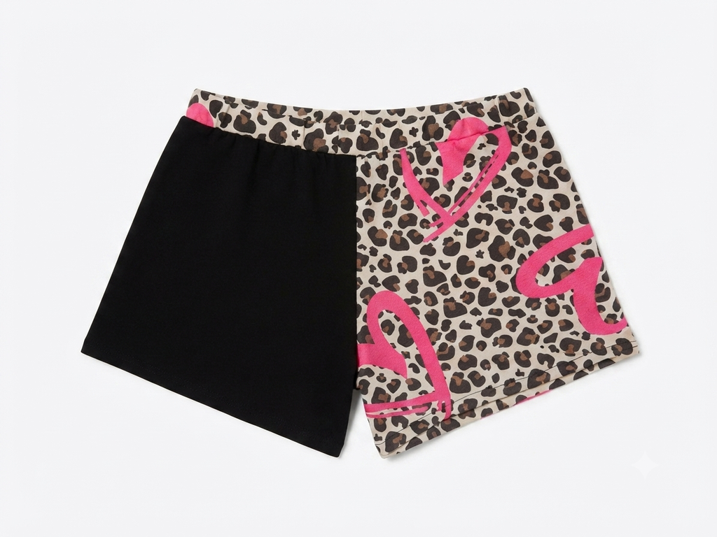 Short Jane XS/S - vue de face, tissu léopard à cœurs roses et pan noir