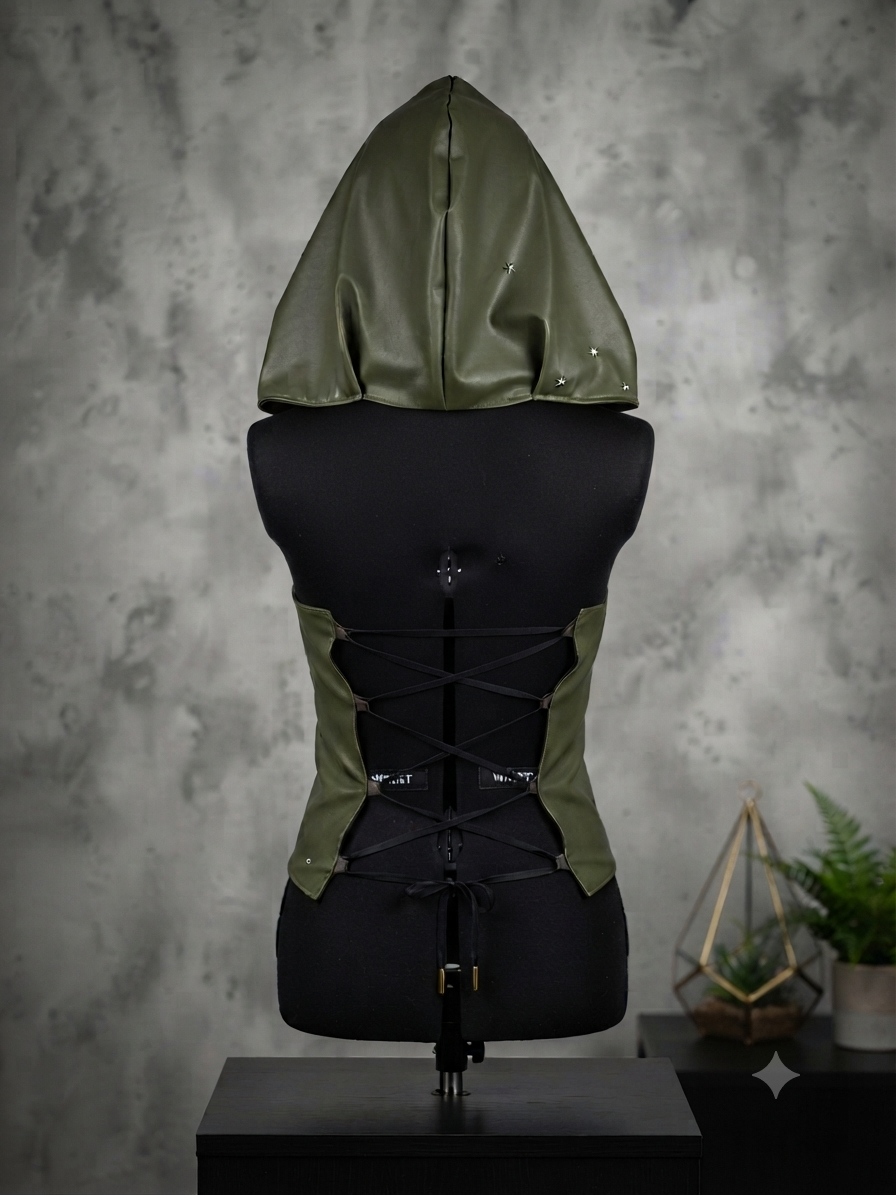 Strid sur mannequin, vue de dos avec laçage corset et capuche
